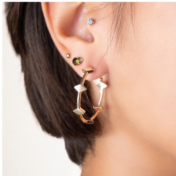 14K Yellow Gold Over Brass Diamond Shape Station Hoops - Picture 2 of 2